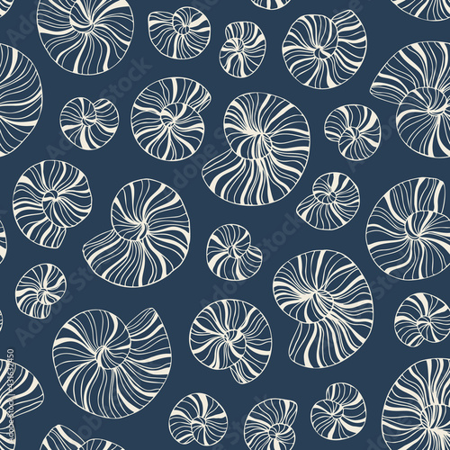 Hand-Drawn Doodle Sea Shells and Fossils Vector Seamless Pattern. Summer Beach Seaside Print. Ocean Fashion Textile Monochrome Blue,White Background. Seashore Elements Texture for Fabrics, Wallpaper