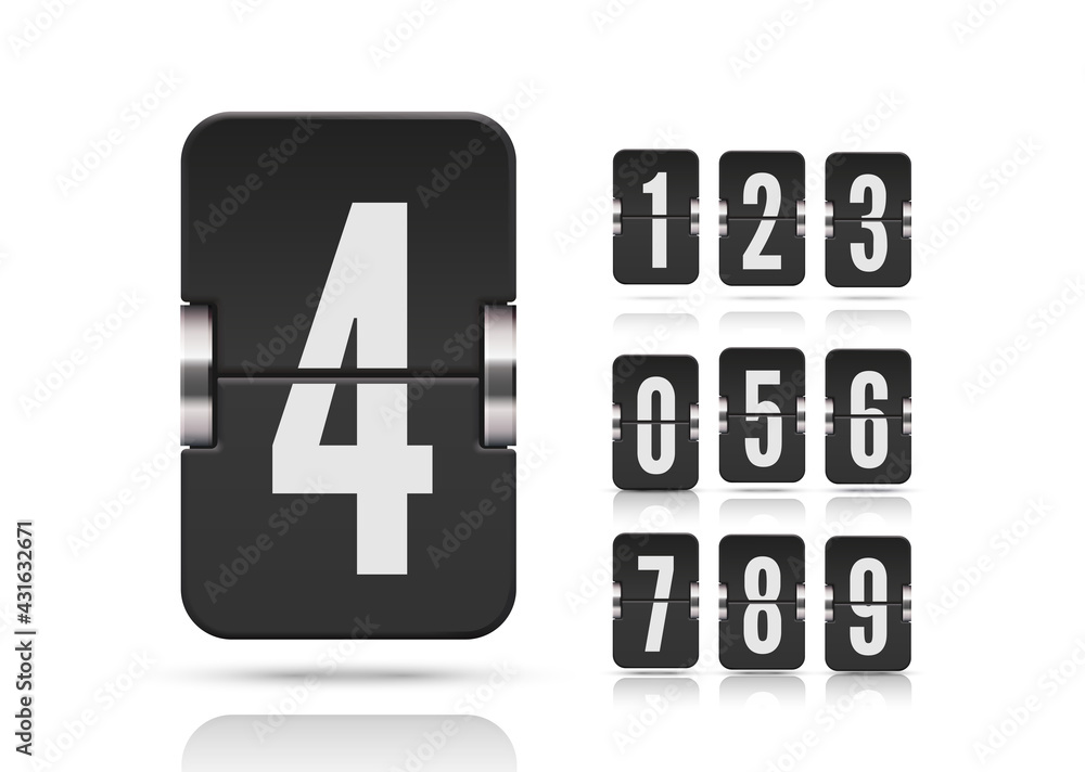 Numeric flip scoreboard set with reflections floating on different heights for black countdown timer or web page watch or calendar isolated on white. Vector illustration Numeric flip scoreboard set with reflections floating on different heights for black countdown timer or web page watch or calendar isolated on white. Vector illustration