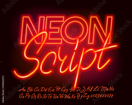 Neon Script font. Neon color letters and numbers. Uppercase and lowercase. Stock vector typescript for your design.