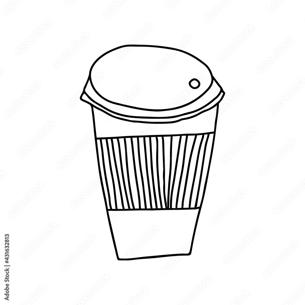 Hand drawn doodle vector illustration of hot coffee in a paper to go cup with a protective sleave. Isolated on white background. Hand drawn doodle vector illustration of hot coffee in a paper to go cup with a protective sleave. Isolated on white background.