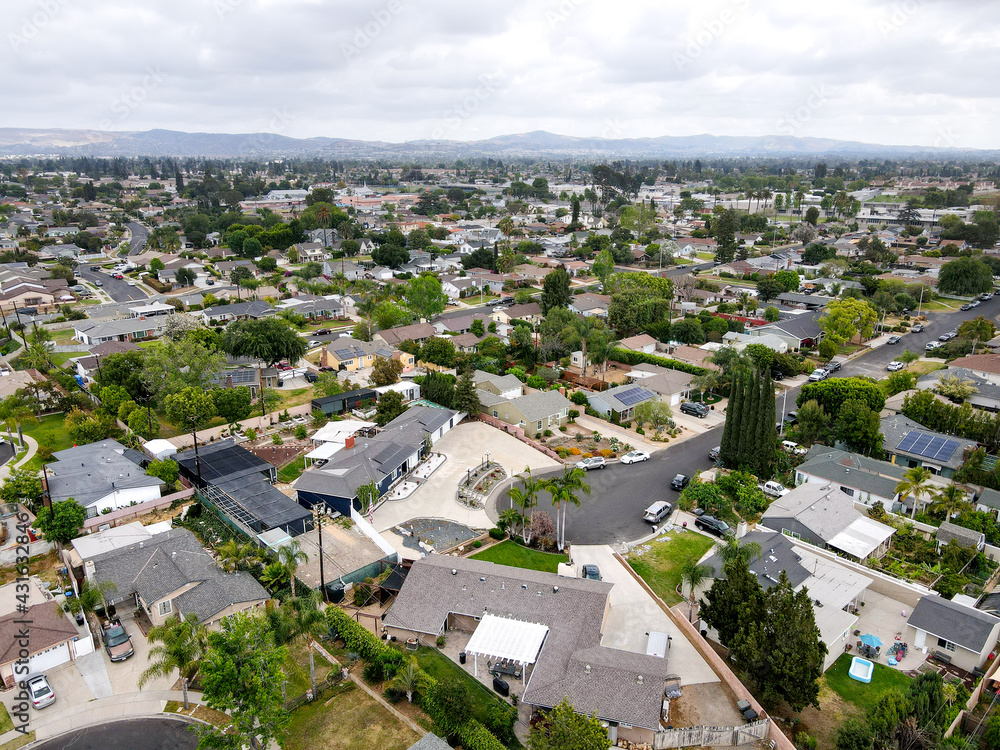 Aerial view of Placentia during gray clouded day, city in northern Orange County, California. USA