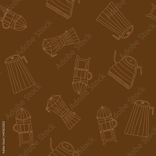 Vector illustration of seamless pattern of moka percolator coffee pot, gooseneck kettle and french press. Hand drawn doodle style. Brown background.