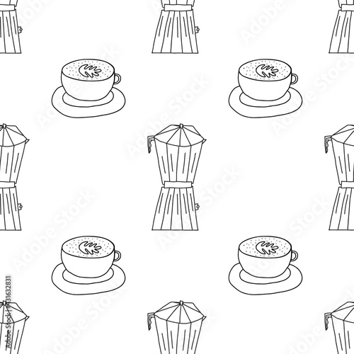 Vector illustration of seamless pattern of moka percolator coffee pot and cappuccino cup with foam. Hand drawn doodle style. White background.