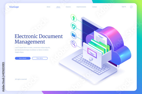 Electronic document management isometric landing page. Online paperwork storage, digital system of paper organization, manage business docs with cloud, drawer on computer screen 3d vector web banner