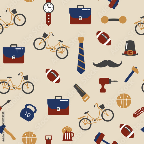 Seamless pattern for the holiday Father's Day. Saw, watch, ball, tie, chewing gum, tools, mustache, hat. Flat style.