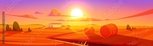 Sunset scenery rural landscape, field with hay stacks and farm buildings under colorful cloudy sky. Summer time or fall nature background countryside farmland tranquil view Cartoon vector illustration