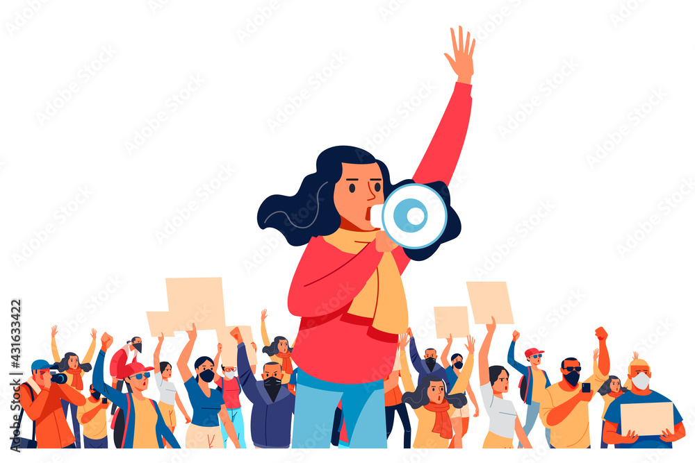 A young woman shouts through megaphones, supporting the protests against the background of discontented people protesting. Flat design colorful illustration isolated on white - obrazy, fototapety, plakaty 