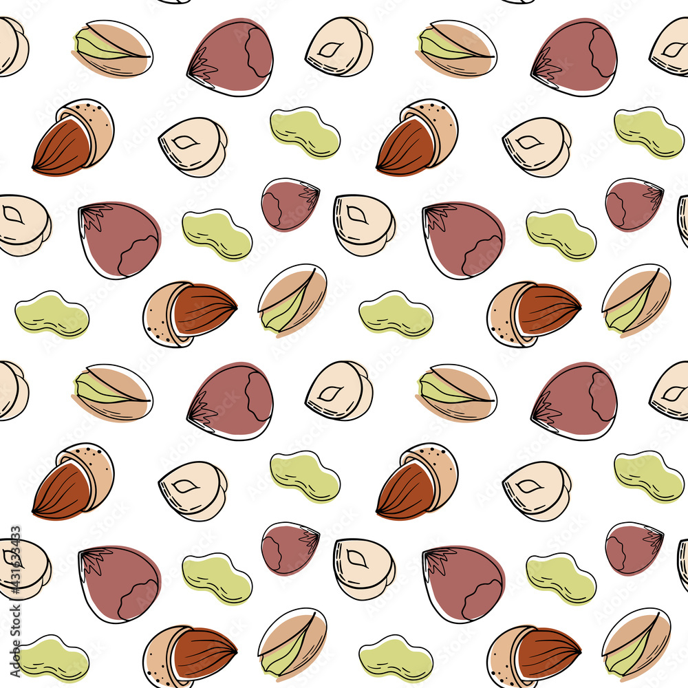Hand drawn sketch illustration seamless background pattern almonds, macadamia, hazelnuts. Vector illustration with various nuts on a white background Hand drawn sketch illustration seamless background pattern almonds, macadamia, hazelnuts. Vector illustration with various nuts on a white background