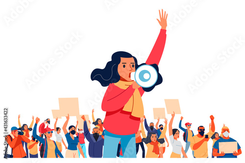 A young woman shouts through megaphones, supporting the protests against the background of discontented people protesting. Flat design colorful illustration isolated on white