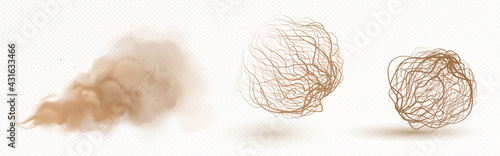 Tumbleweed, dry weed ball and brown dust clouds isolated on transparent background. Vector realistic set of flow desert sand and dead plants, rolling dry bushes, old tumble grass in prairie