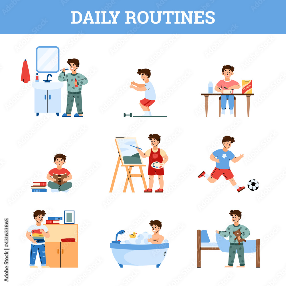 Daily boys routine hygiene and activity, cartoon vector illustration isolated. Daily boys routine hygiene and activity, cartoon vector illustration isolated.