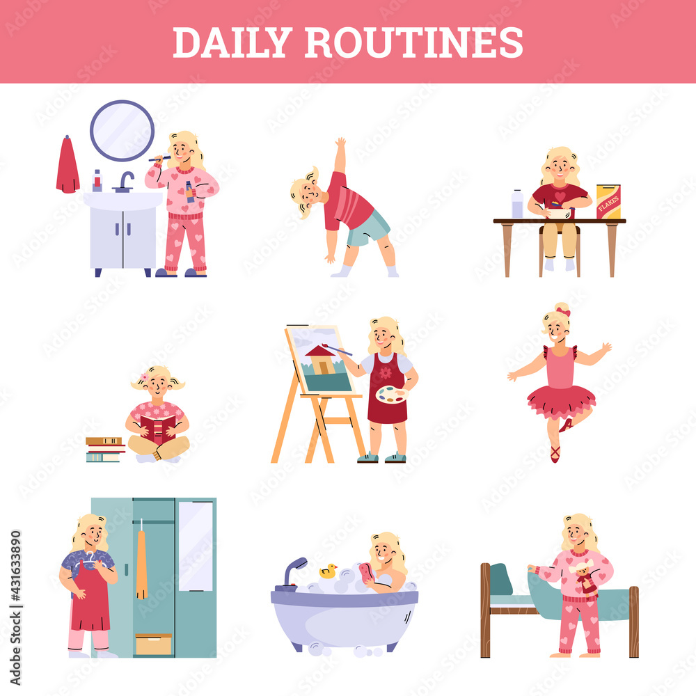 Daily children routine infographic set cartoon vector illustration ...