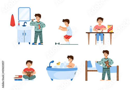 A set of childhood daily morning activities of cute little child boy