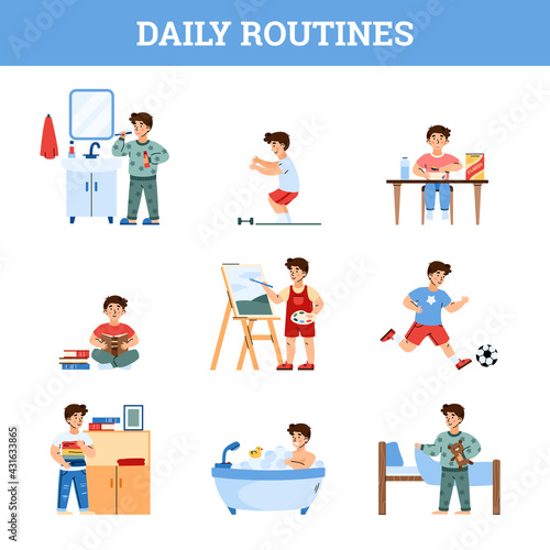 Daily boys routine hygiene and activity, cartoon vector illustration isolated.