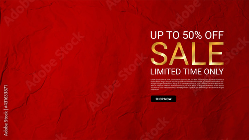 SALE 50% off on red crumpled paper background. Sale banner template design with Wooden brown easel. Text of sale discount price offer on red crumpled paper background. Vector illustration 