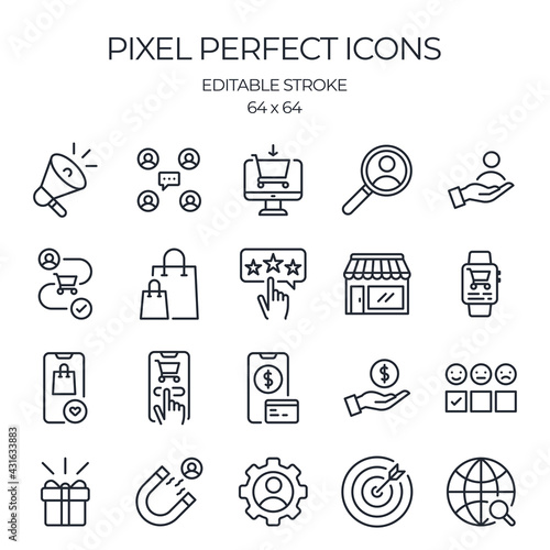 Buyer or customer related editable stroke outline icons set isolated on white background flat vector illustration. Pixel perfect. 64 x 64.