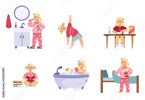 A set of childhood daily morning activities of cute little child girl.