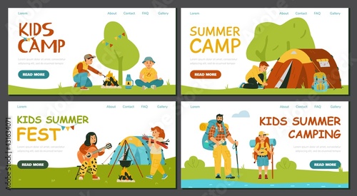 Website banners for kids summer camping activity  flat vector illustration.