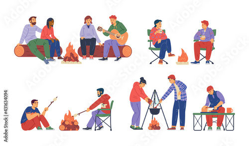Set of happy man and woman rest near campfire during adventure hiking or travel.