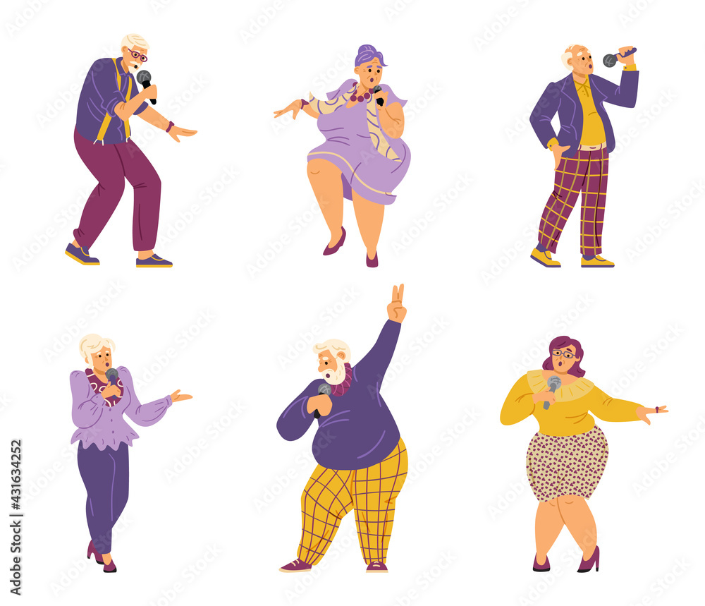 Seniors people with microphones singing of old songs at karaoke or music party Seniors people with microphones singing of old songs at karaoke or music party