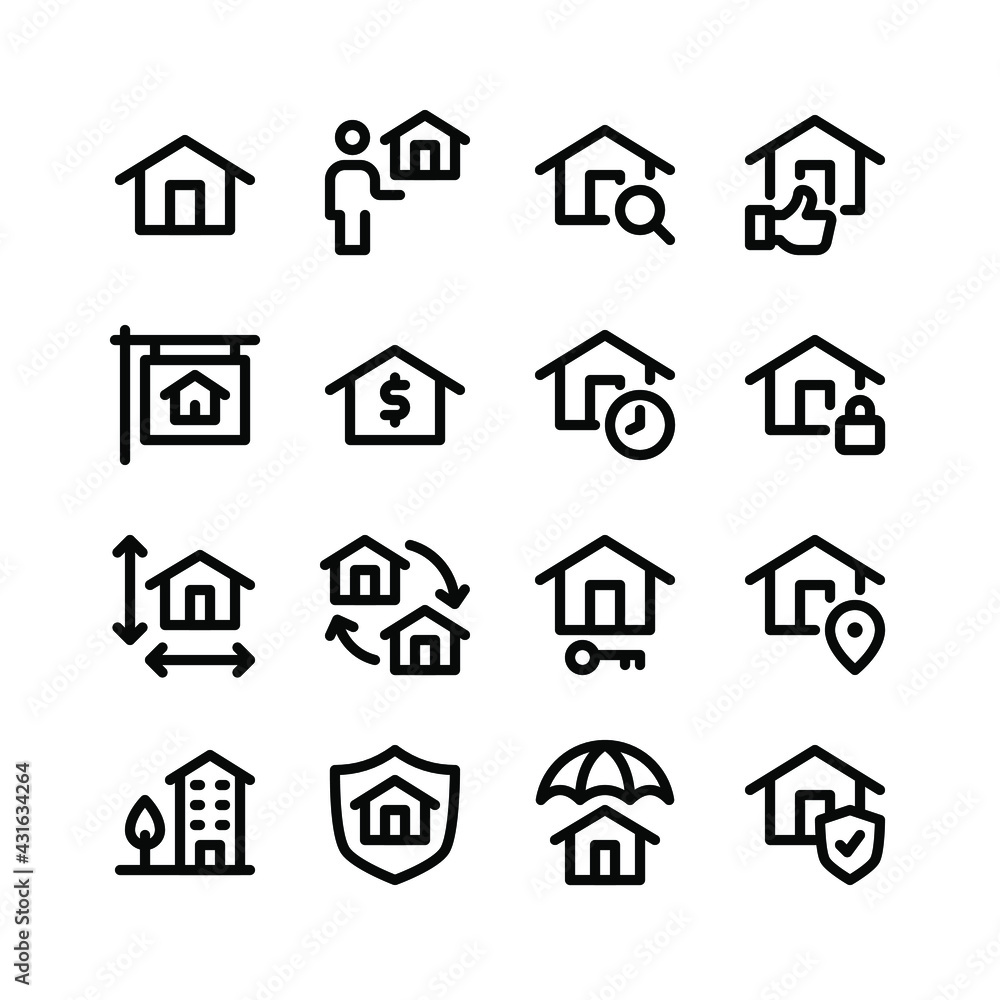 Fototapeta premium Simple Set of Real Estate Related Vector Line Icons. Contains Icons as House, Property Agent, Search, Best Home and more.