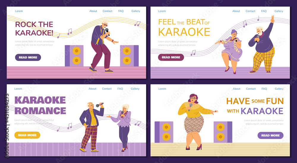 Websites bundle with elderly people in karaoke club, flat vector illustration.