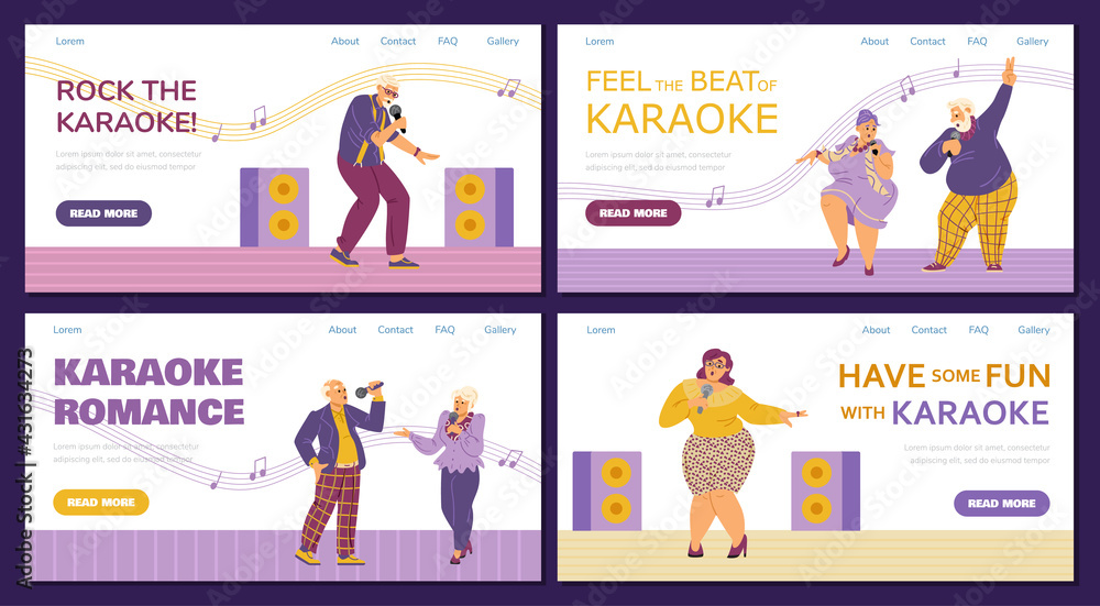 Websites bundle with elderly people in karaoke club, flat vector illustration. Websites bundle with elderly people in karaoke club, flat vector illustration.