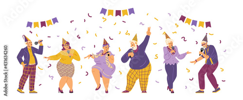 Elderly people celebrating birthday in karaoke, flat vector illustration.