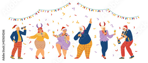 Elderly people celebrating Christmas in karaoke, vector illustration isolated.