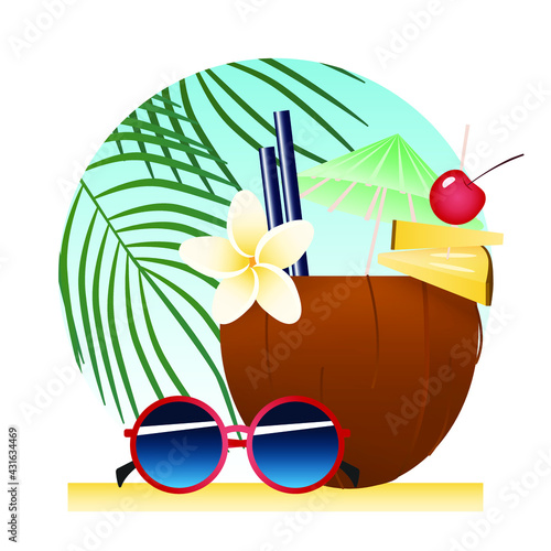 Tropical cocktail in coconut, decorated with flower and fruit. Vector illustration.