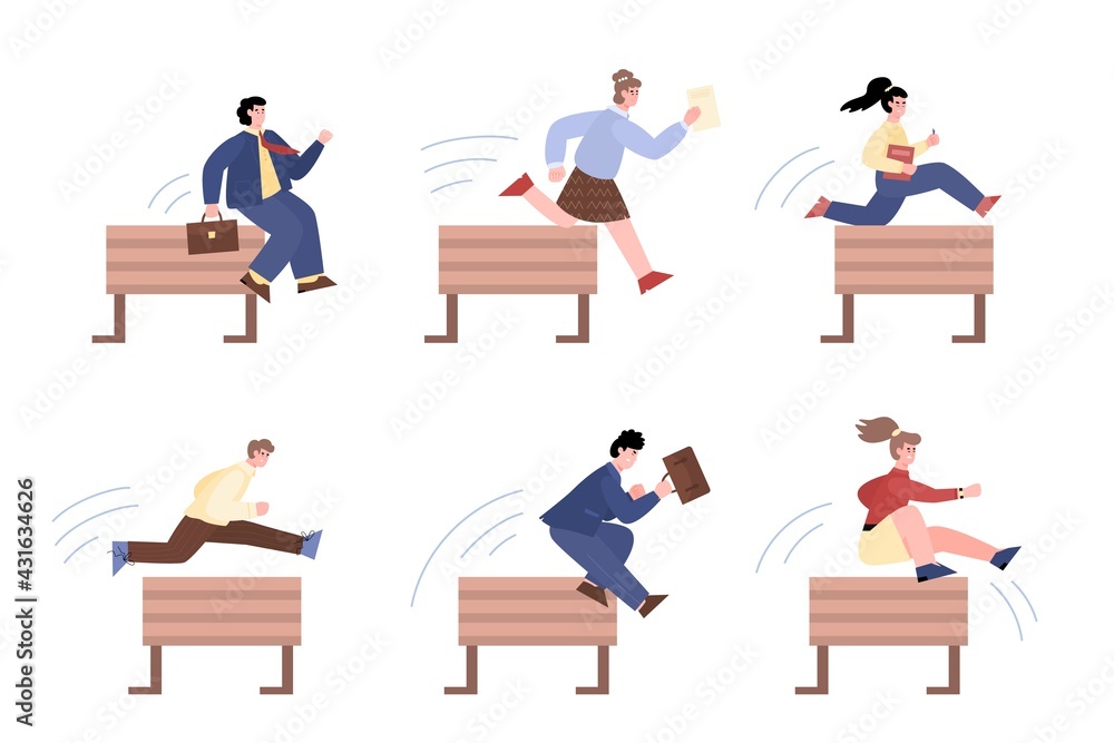 Business people jump over obstacles in career, vector illustration isolated. Business people jump over obstacles in career, vector illustration isolated.