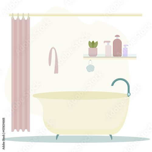 Bathroom yelllow interior. Bathroom, bath mat, shower curtain and washcloth