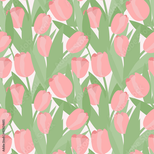 Seamless pattern of abstract tulips. Vector pink tulip buds with green leaves
