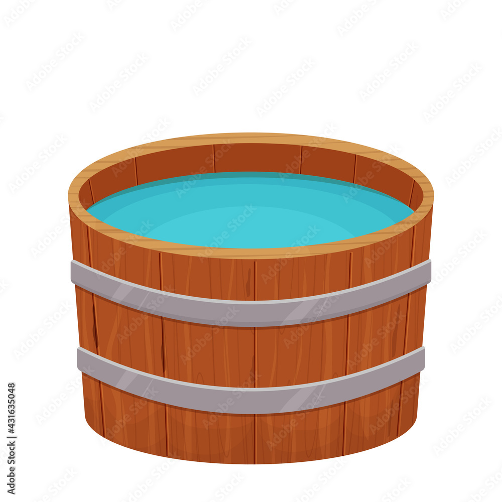 Wooden bathtub with water in cartoon flat style isolated on white background. Traditional natural sauna, bathhouse equipment. Wooden bathtub with water in cartoon flat style isolated on white background. Traditional natural sauna, bathhouse equipment.