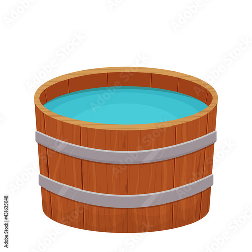 Wooden bathtub with water in cartoon flat style isolated on white background. Traditional natural sauna, bathhouse equipment.