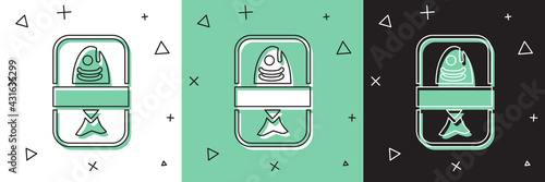 Set Fish plastic tray container with cellophane cover icon isolated on white and green, black background. Vector