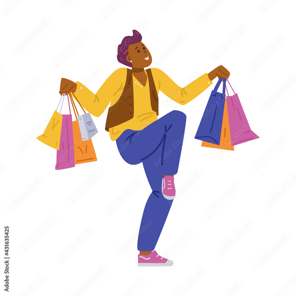 Cheerful merry man with shop bags in hands, flat vector illustration isolated. Cheerful merry man with shop bags in hands, flat vector illustration isolated.