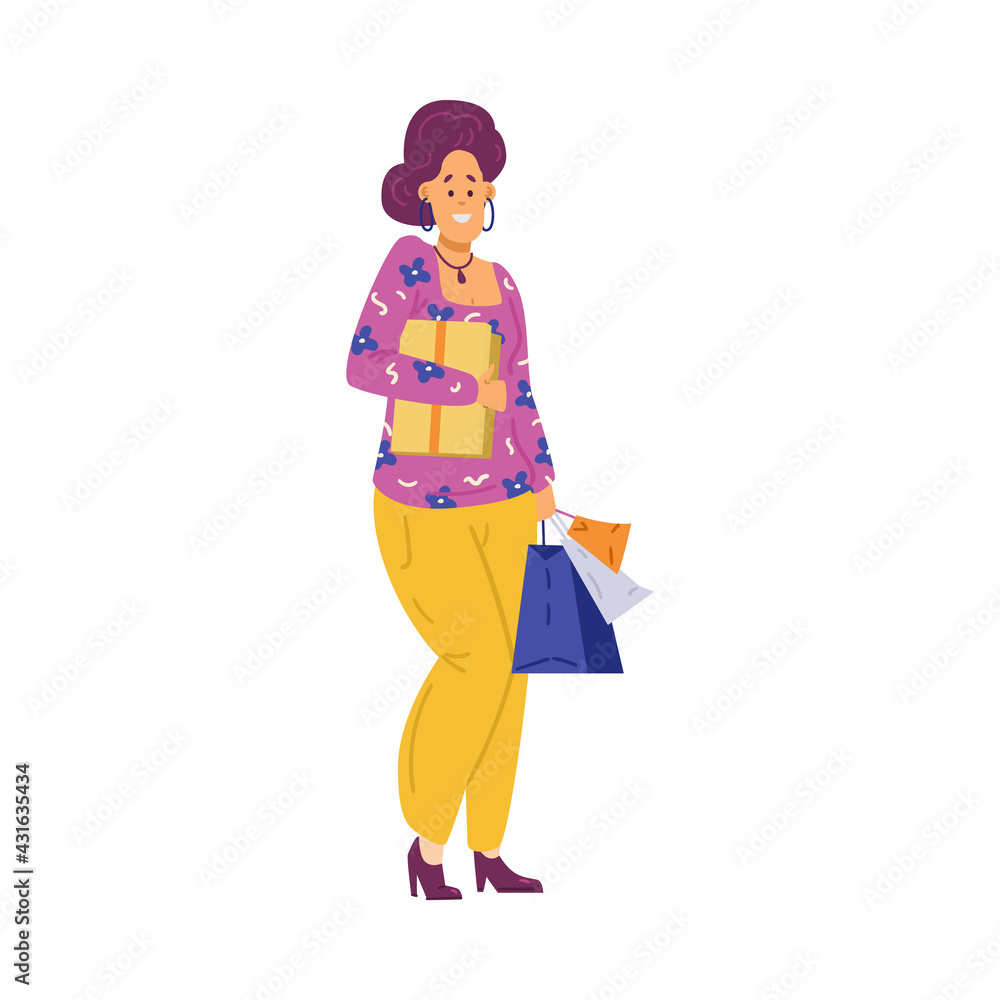 Buyer cheerful smiling woman with purchases, flat vector illustration isolated. Buyer cheerful smiling woman with purchases, flat vector illustration isolated.
