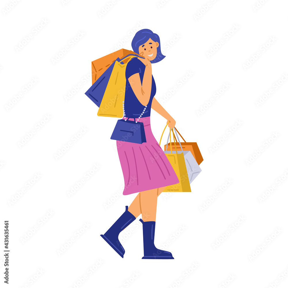Happy woman shopper shopaholic hold lot bags with purchases in hands