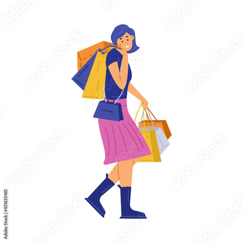 Happy woman shopper shopaholic hold lot bags with purchases in hands