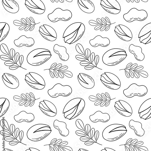 Hand drawn sketch of a seamless background pattern with a view of pistachio nuts. Vector illustration of nuts on a white background
