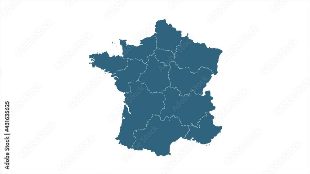 France Map Showing Up Intro With New Regions. 4k animated France map intro background