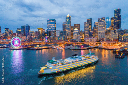 Seattle skyline, Ferris wheel and ferry boat photo