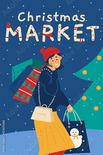 Banner or poster for Christmas market or fair flat vector illustration.