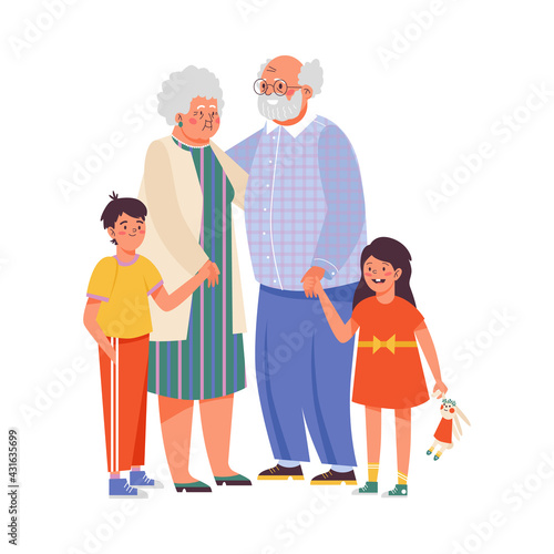 Cheerful grandparents and grandchildren flat vector illustration isolated.