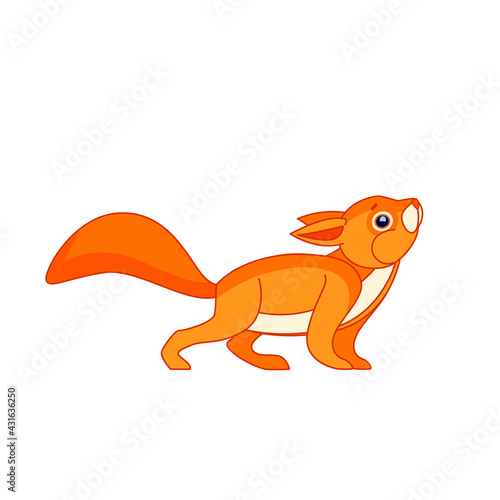The squirrel looks up. Cartoon character of a dangerous mammal animal. A wild forest creature with dark fur. Side view. Vector flat illustration isolated on a white background