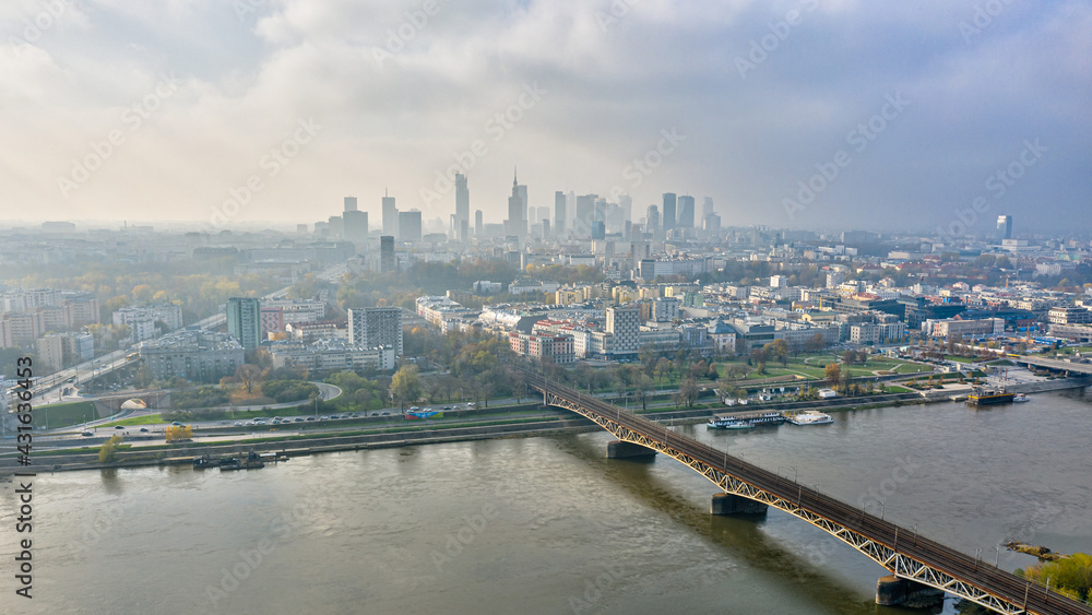 Fototapeta premium Foggy day in Warsaw, city center aerial view