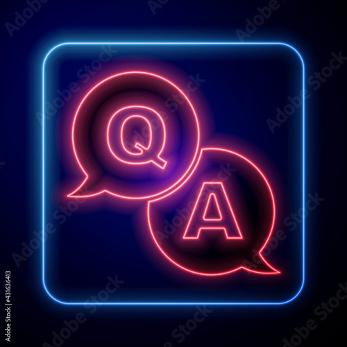 Glowing neon Speech bubbles with Question and Answer icon isolated on black background. Q and A symbol. FAQ sign. Chat speech bubble and chart. Vector