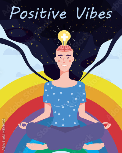 Girl Think Positive with an open brain opens idea, bulb, Open brain, relax mental calm mind, releasing stress. Yoga girl. Solution to a problem. Positive thinking, creative ideathought process. Vector