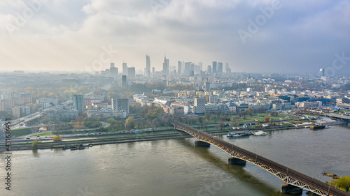 Foggy day in Warsaw, city center aerial view